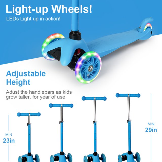 Kids Scooter Kick Scooter 3 Wheel Adjustable Height Light Up LED Wheels for Kids Boys Girls Ages 3-12 Blue