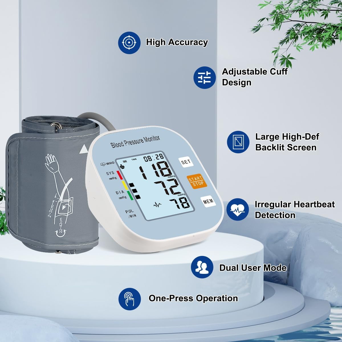 Blood Pressure Monitor for Home Use - Automatic BP Machine with Large Backlit Display High Accuracy for 2 Users with 22-42cm Arm Cuff & Storage Bag, Blue