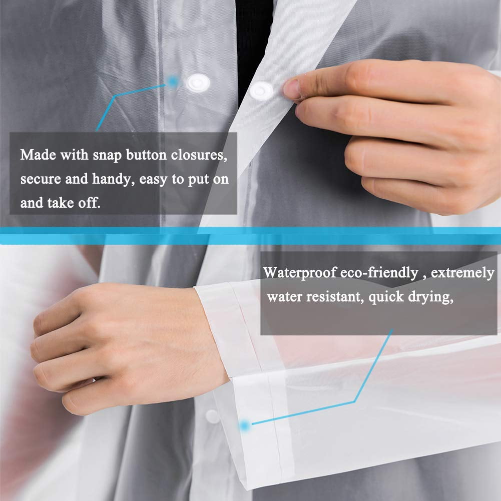EVA Rain Poncho for Adults, 2 Pack Reusable Raincoat with Hoods and Sleeves, White