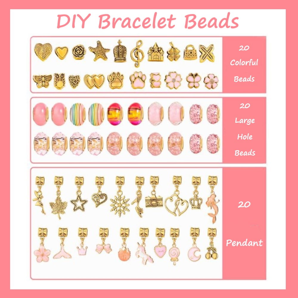 66 Pcs Charm Bracelet Making Kit, DIY Jewelry Making Kit with Pendant Charms Kit and Elastic Strings Crafts Gifts Set for Girls