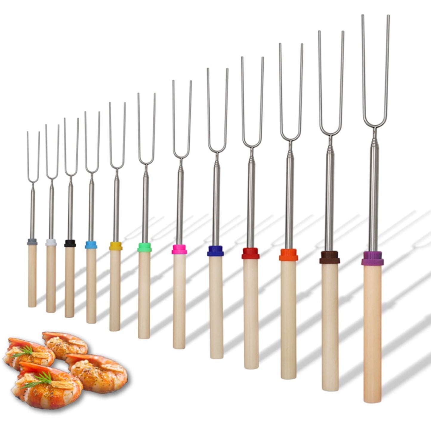 kibhous Roasting Sticks Stainless Steel Telescoping Forks Safe for Children Color Coded Handles 32 in Grilling Skewers With Canvas Travel Bag 12 Count