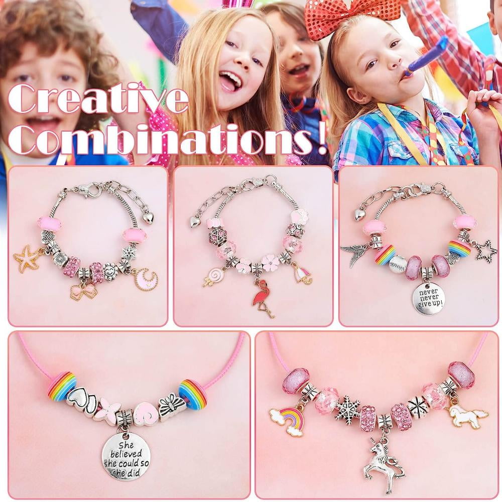 66 Pcs Charm Bracelet Making Kit, DIY Jewelry Making Kit with Pendant Charms Kit and Elastic Strings Crafts Gifts Set for Girls