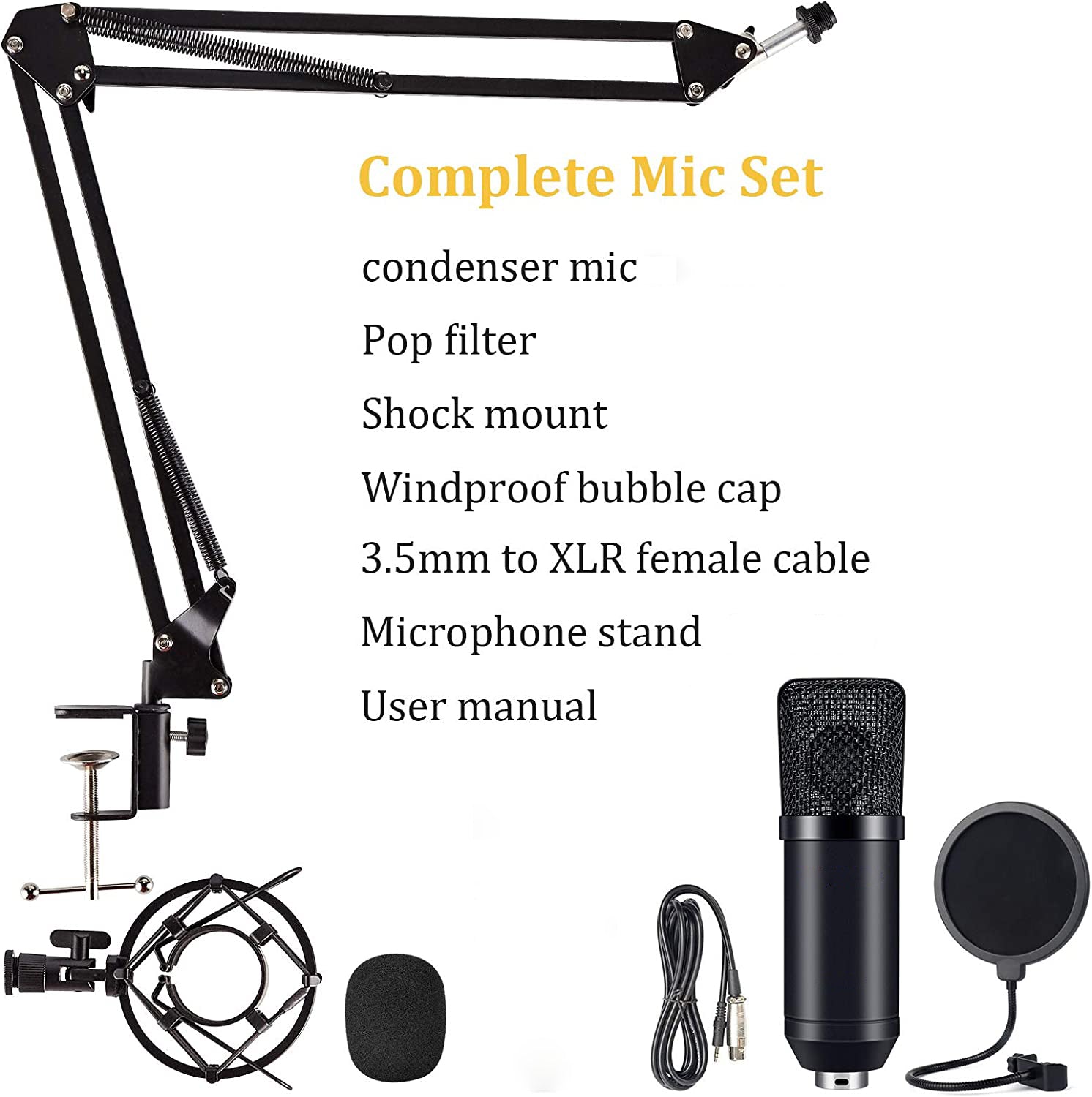 Condenser Microphone Computer Mic Kit Professional Studio Recording Bundle for Streaming Gaming Broadcasting Singing Videos with Arm Stand Shock Mount Pop Filter and Sound Adapter