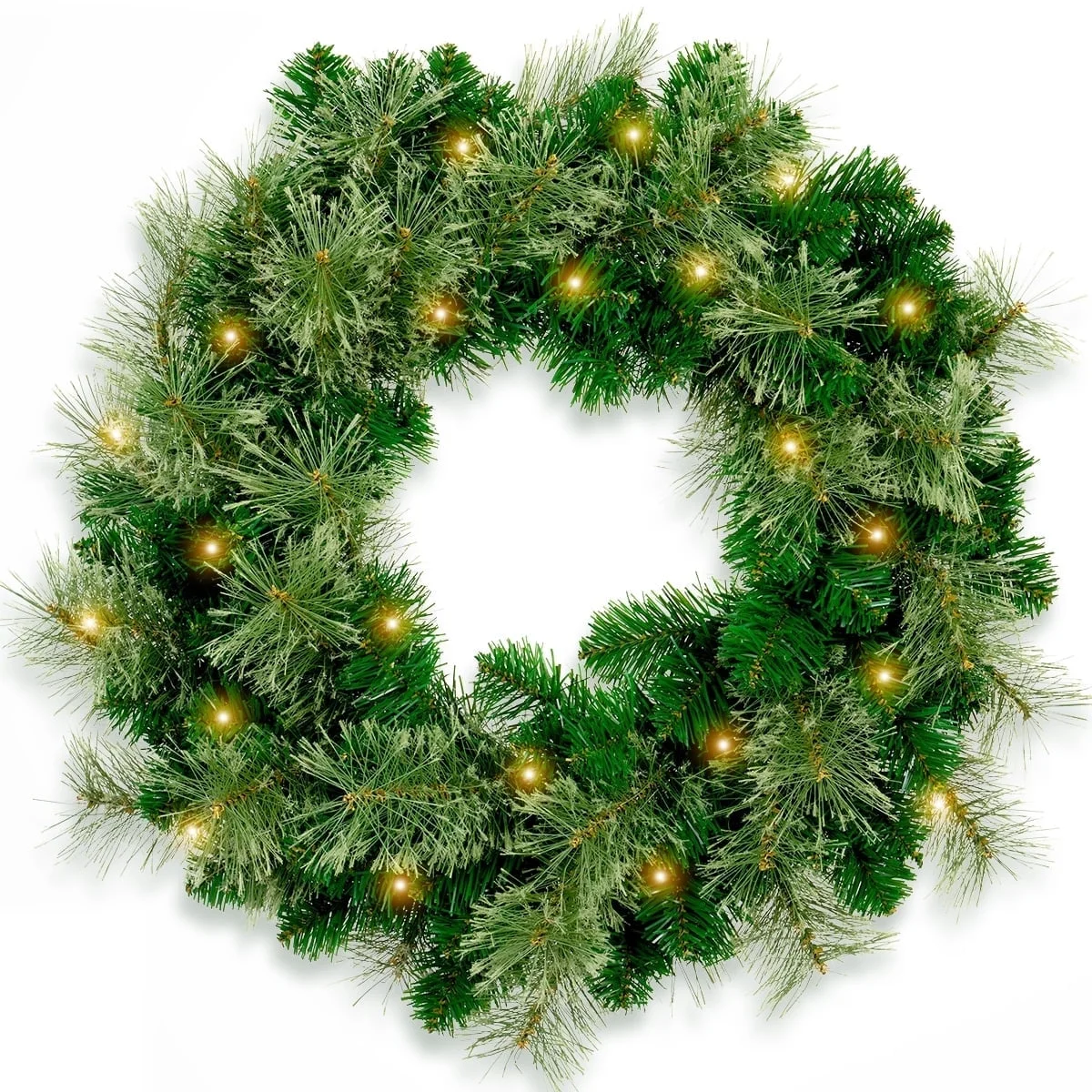 24 Inch Pre Lit Artificial Christmas Wreath With 40 LED Warm Yellow Lights And 140 PVC Tree Branch Tips With Timing Function, Green