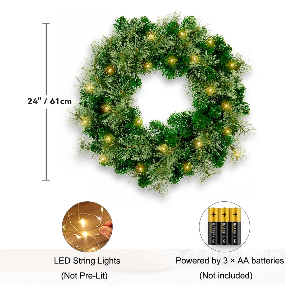 24 Inch Pre Lit Artificial Christmas Wreath With 40 LED Warm Yellow Lights And 140 PVC Tree Branch Tips With Timing Function, Green