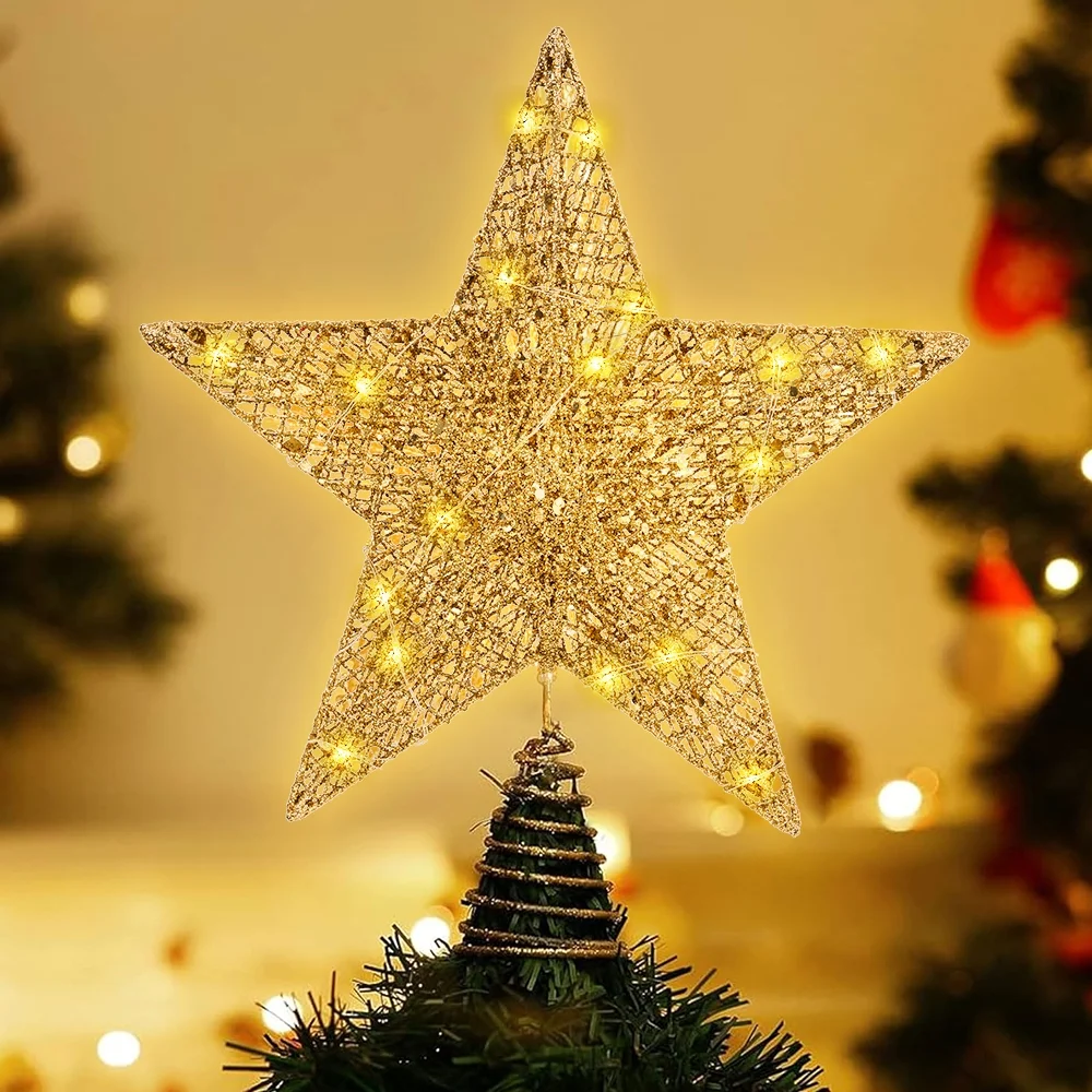 Christmas Tree Topper 12 inch Glitter Gold Star Tree Topper 30 LED Lighted Topper Battery Operated Warm Lights