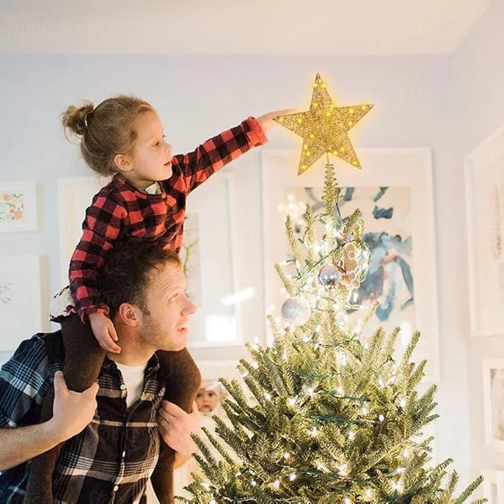 Christmas Tree Topper 12 inch Glitter Gold Star Tree Topper 30 LED Lighted Topper Battery Operated Warm Lights