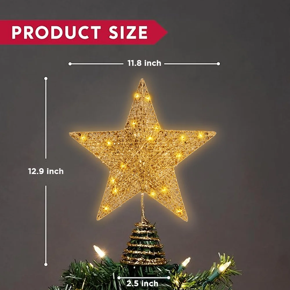 Christmas Tree Topper 12 inch Glitter Gold Star Tree Topper 30 LED Lighted Topper Battery Operated Warm Lights