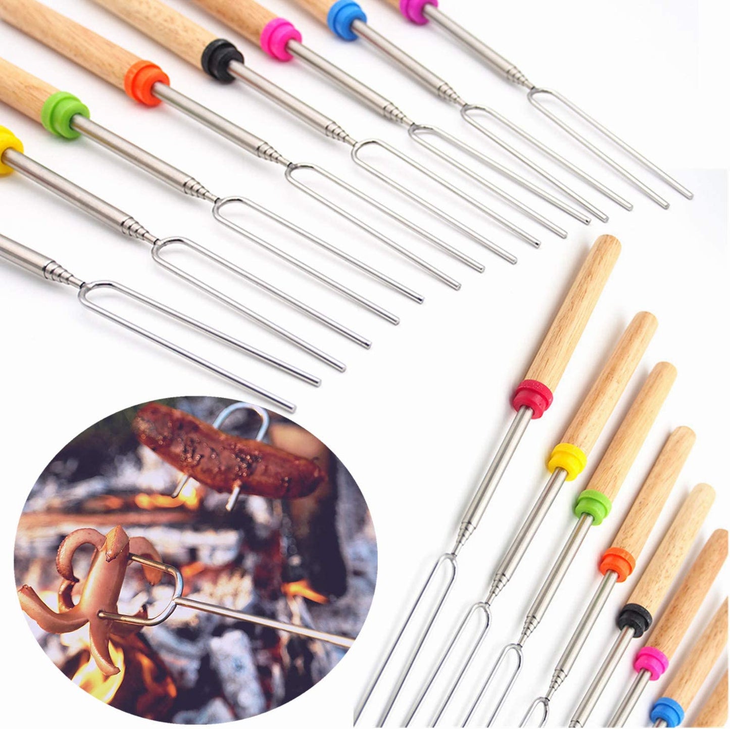 kibhous Roasting Sticks Stainless Steel Telescoping Forks Safe for Children Color Coded Handles 32 in Grilling Skewers With Canvas Travel Bag 12 Count