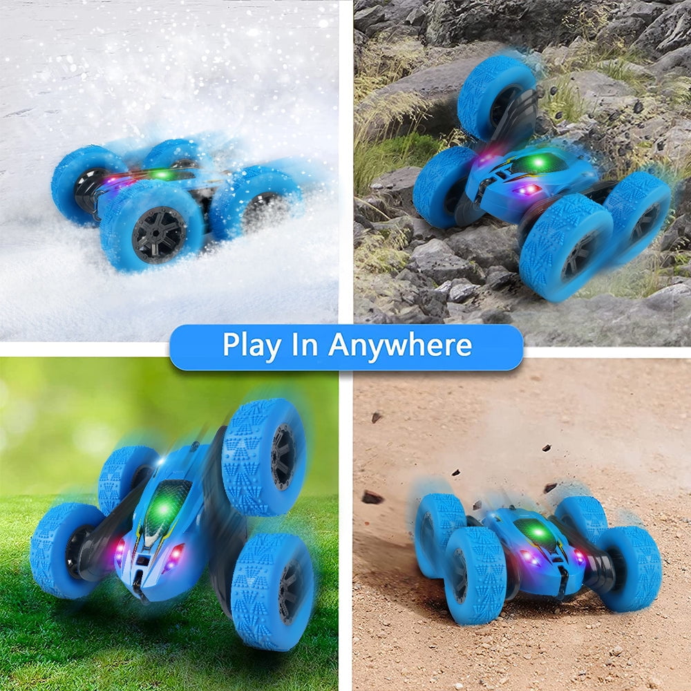 Remote Control Car Double Sided 360°Rotating 4WD RC Cars with Headlights 2.4GHz Electric Race Stunt Toy Car Rechargeable Toy Cars for Boys Girls Birthday (Blue)