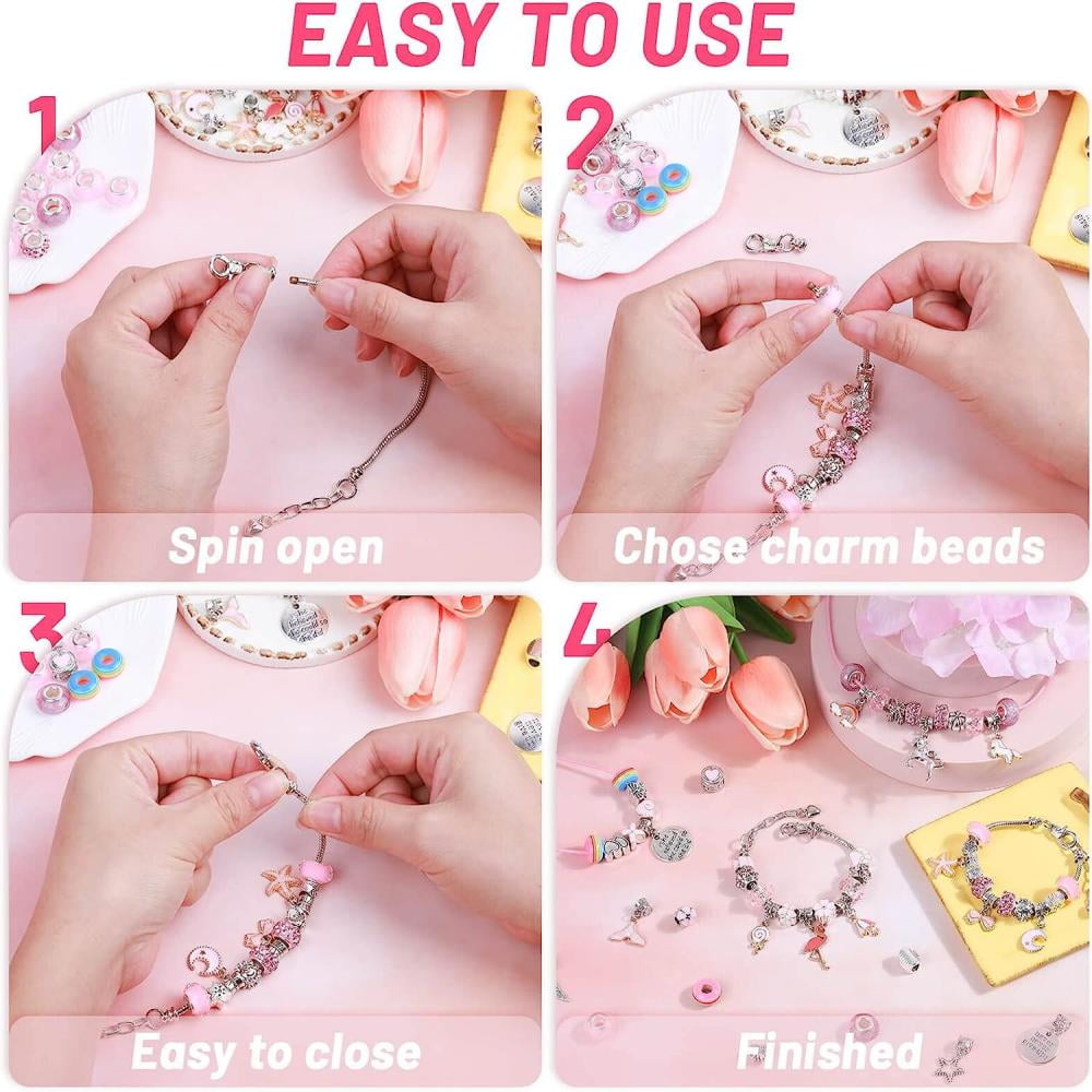 66 Pcs Charm Bracelet Making Kit, DIY Jewelry Making Kit with Pendant Charms Kit and Elastic Strings Crafts Gifts Set for Girls