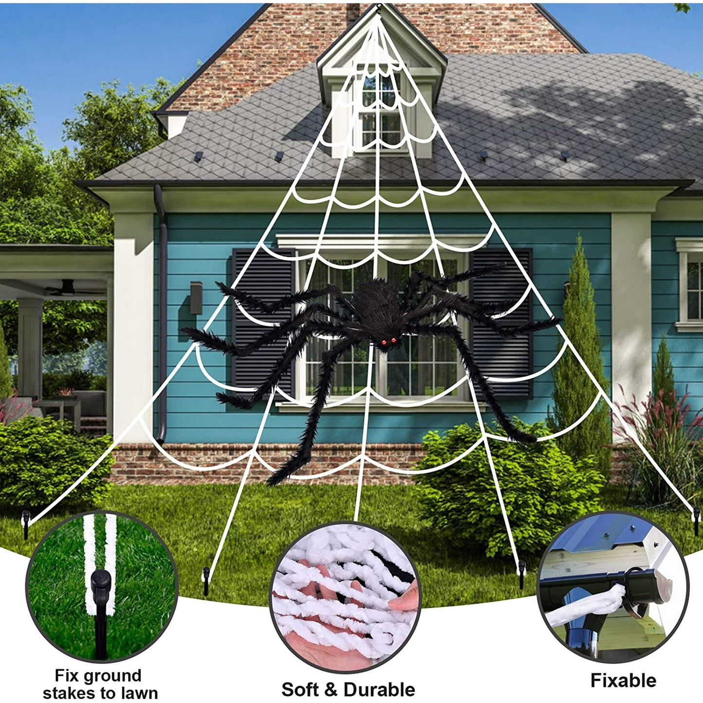 Silensys 78.7in Giant Halloween Decorations Spider Triangular 16.4ft Giant Spider Web for Halloween Yard Decoration Party Creepy Decoration, Black