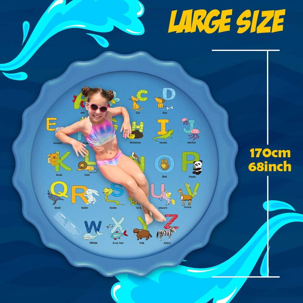 Splash Pad Sprinkler for Kids Toddlers 68" Splash Water Pad,Outdoor Swimming Pool Splash Play Mat Water Toys for Children for Fun Games Learning Blue