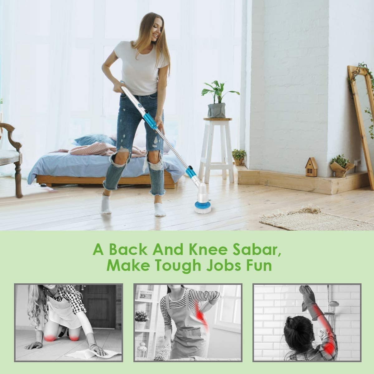kibhous Electric Spin Scrubber Cordless Power Cleaning Brush with 3 Replaceable Brush Heads Adjustable Extension Arm Shower Scrubber for Bathroom Tub Floor Tile