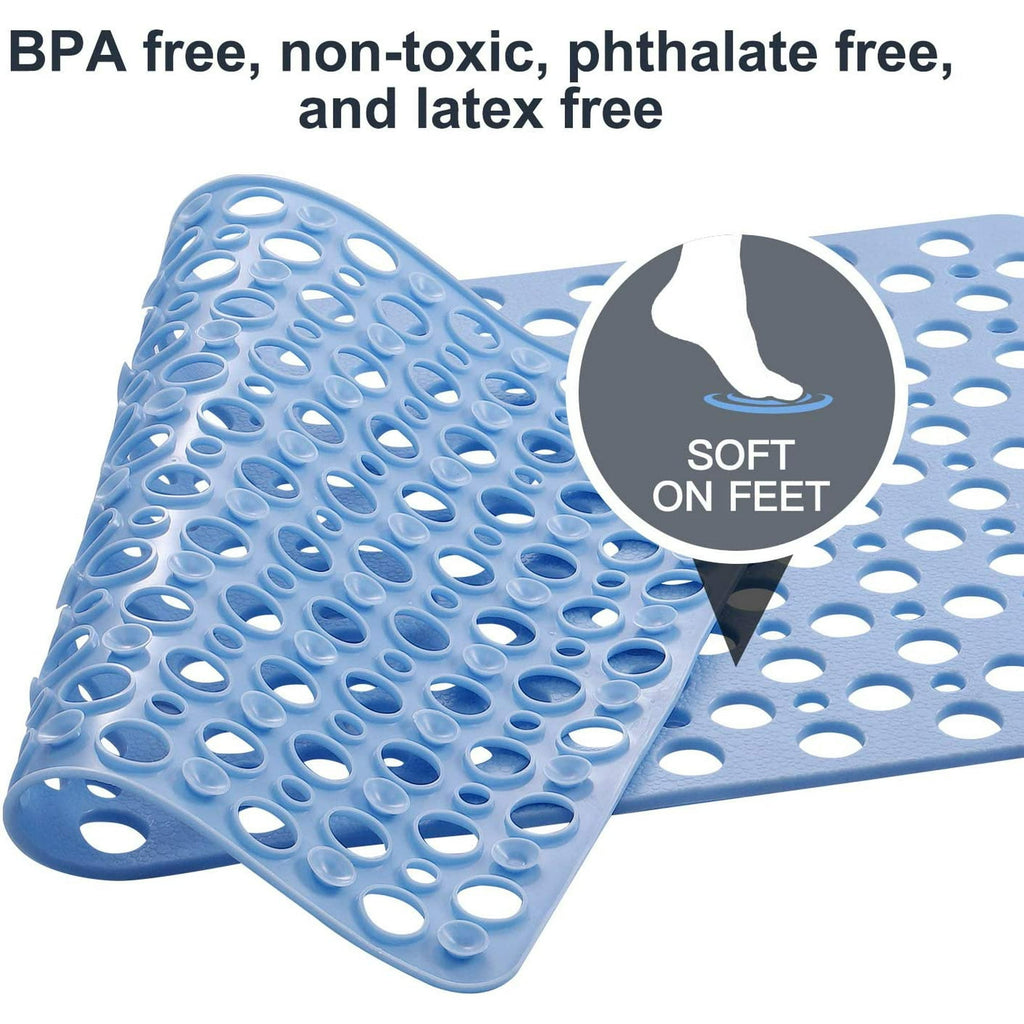 Bathroom Non Slip Shower Mat, 30L x 17W Inch Super Soft PVC Bath Mat with Suction Cup, Soft Bathroom Mat with Drain Hole, Blue
