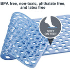 Bathroom Non Slip Shower Mat, 30L x 17W Inch Super Soft PVC Bath Mat with Suction Cup, Soft Bathroom Mat with Drain Hole, Blue