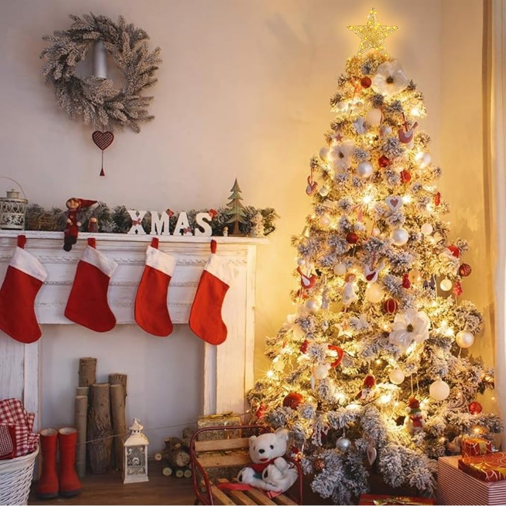 Christmas Tree Topper 12 inch Glitter Gold Star Tree Topper 30 LED Lighted Topper Battery Operated Warm Lights