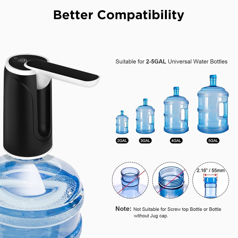 COWIN Water Bottle Dispenser Portable Electric Water Bottle Pump, Automatic Drinking Water Bottle Pump for Universal 5 Gallon Bottle, for Home Kitchen Office Outdoor Use, Black