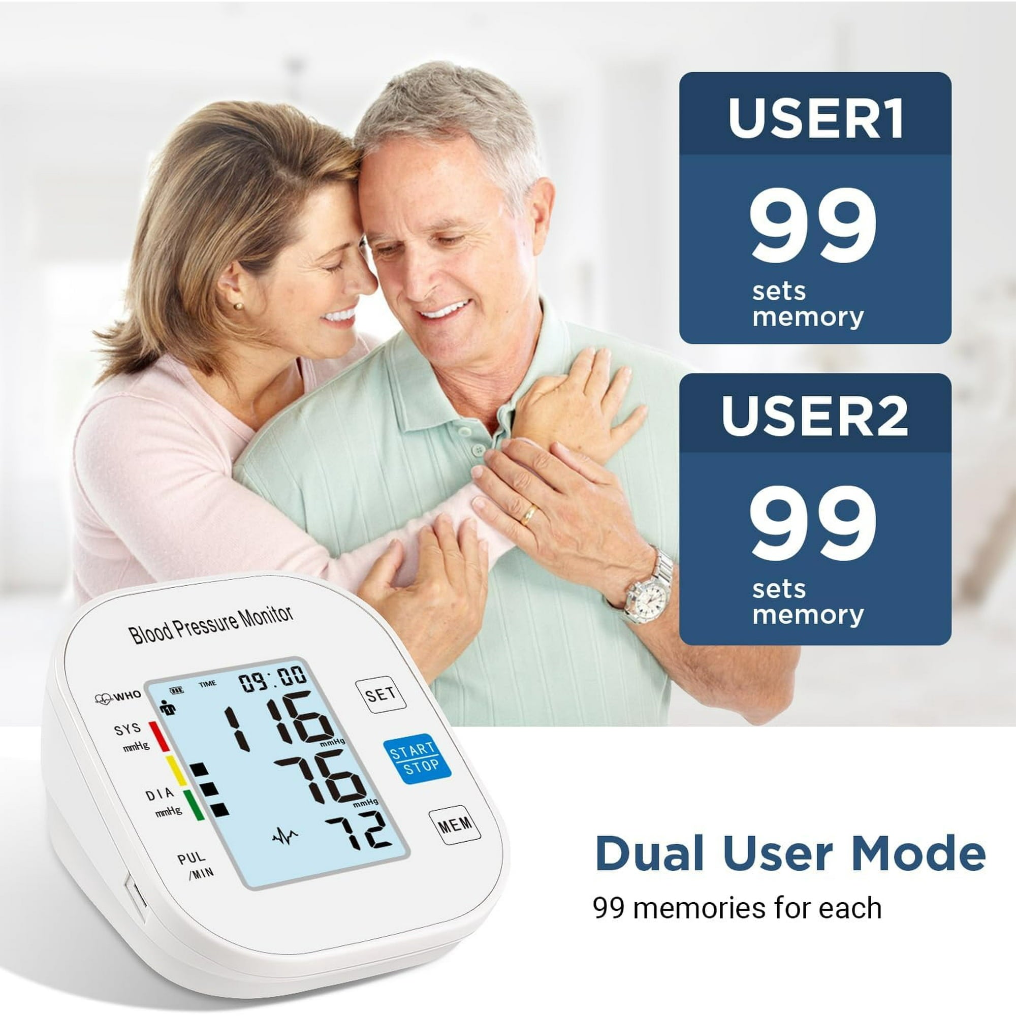 Blood Pressure Monitors for Home Use，Automatic Upper Arm Blood Pressure Cuff BP Machine with Backlit Display for 2 Users, White