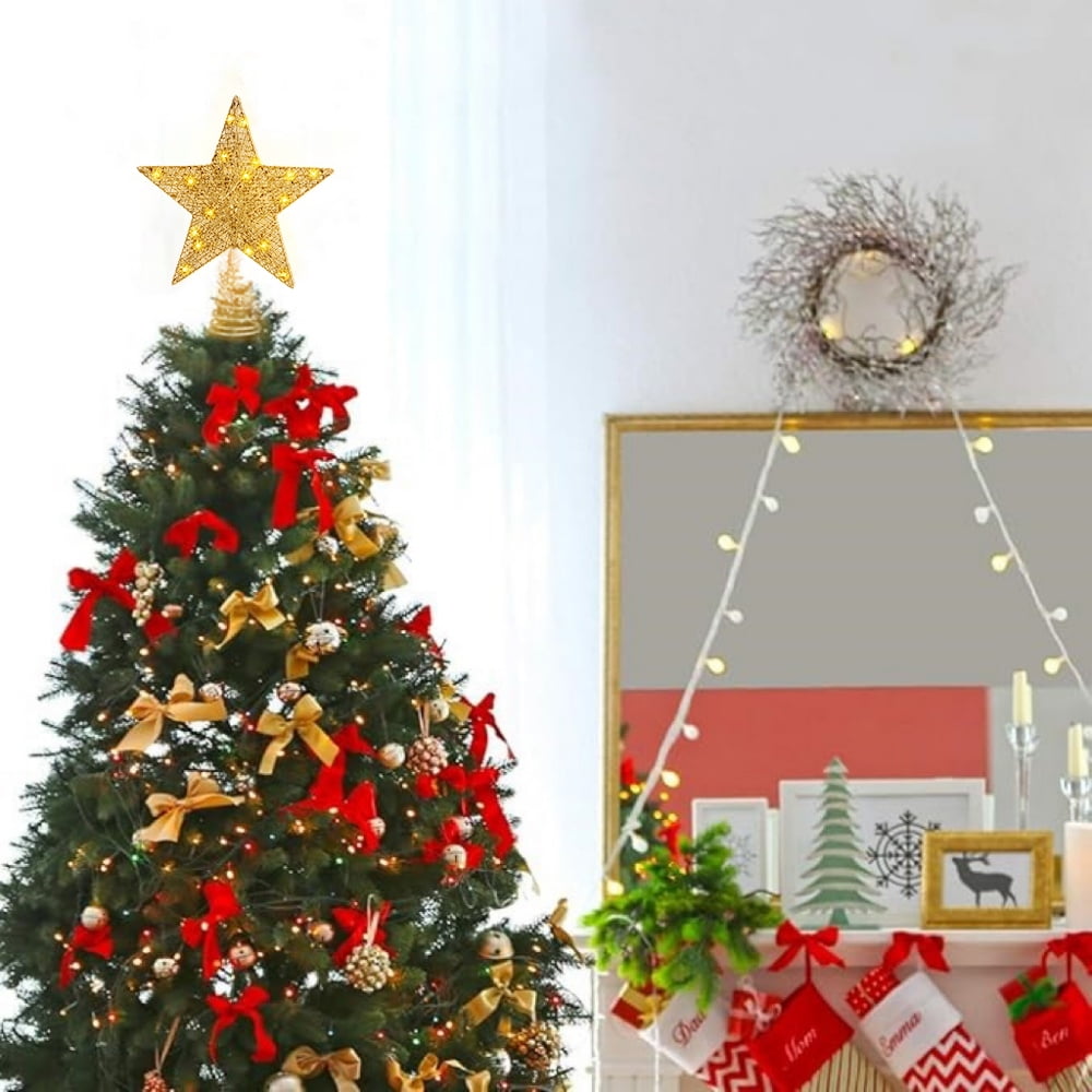 Christmas Tree Topper 12 inch Glitter Gold Star Tree Topper 30 LED Lighted Topper Battery Operated Warm Lights
