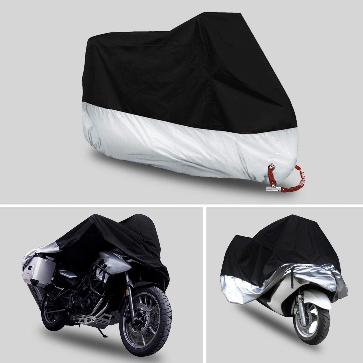 Motorcycle Cover, Waterproof Motorcycle Cover All Weather Outdoor Protection,Oxford , Fit for Length 96" Motors, Blak and Silver