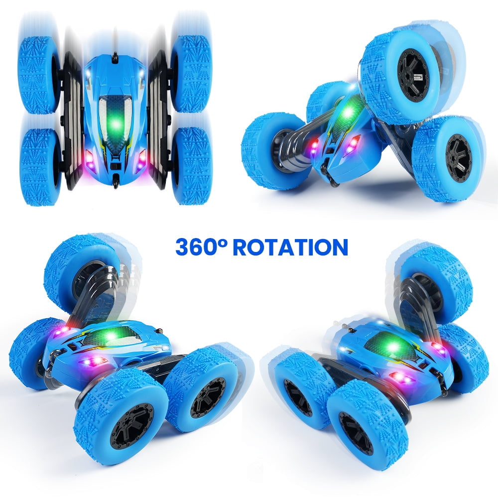 Remote Control Car Double Sided 360°Rotating 4WD RC Cars with Headlights 2.4GHz Electric Race Stunt Toy Car Rechargeable Toy Cars for Boys Girls Birthday (Blue)