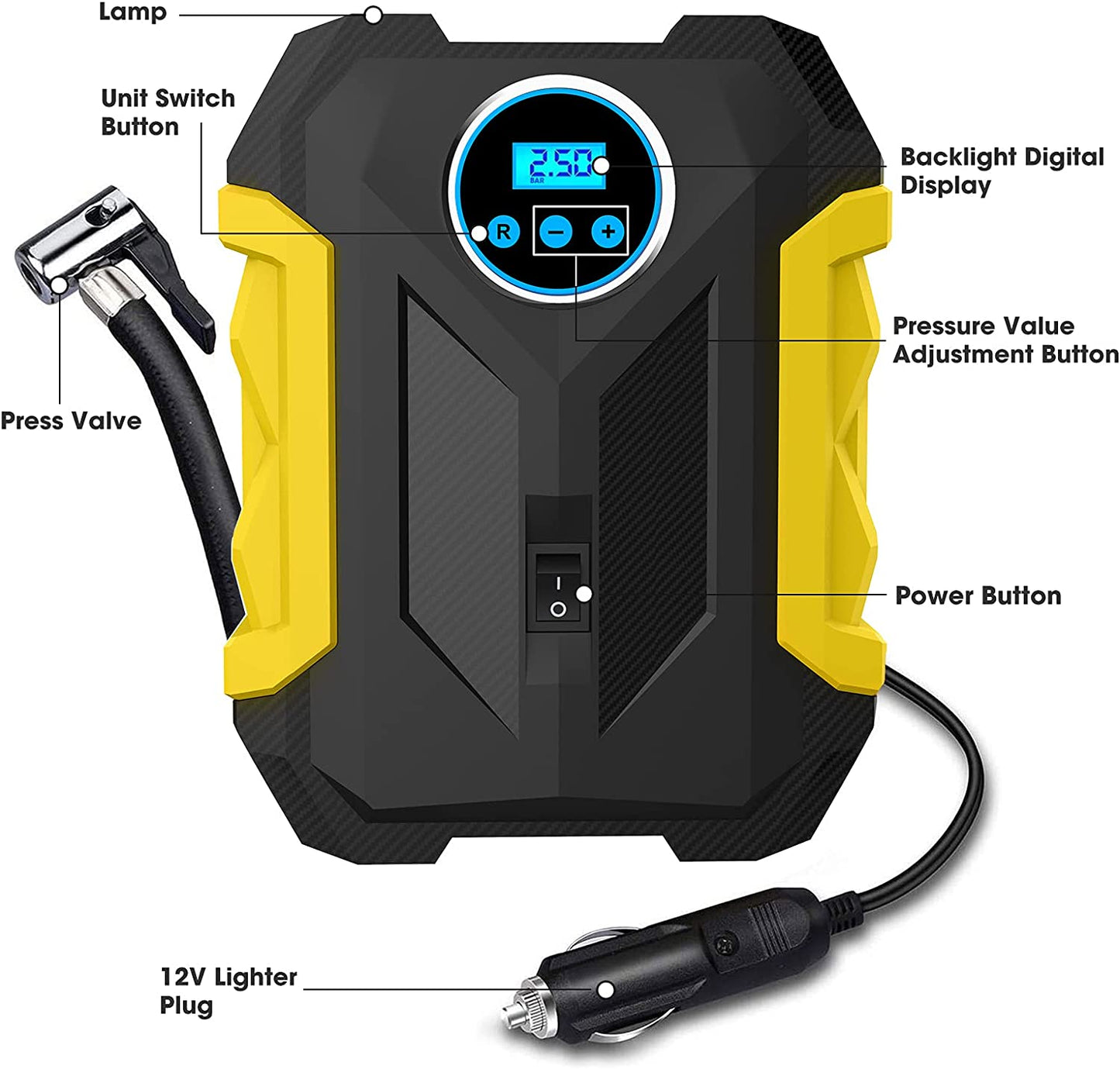 COWIN, Black/Yellow 12 V 150 PSI Portable Tire Inflator Air Compressor Pump