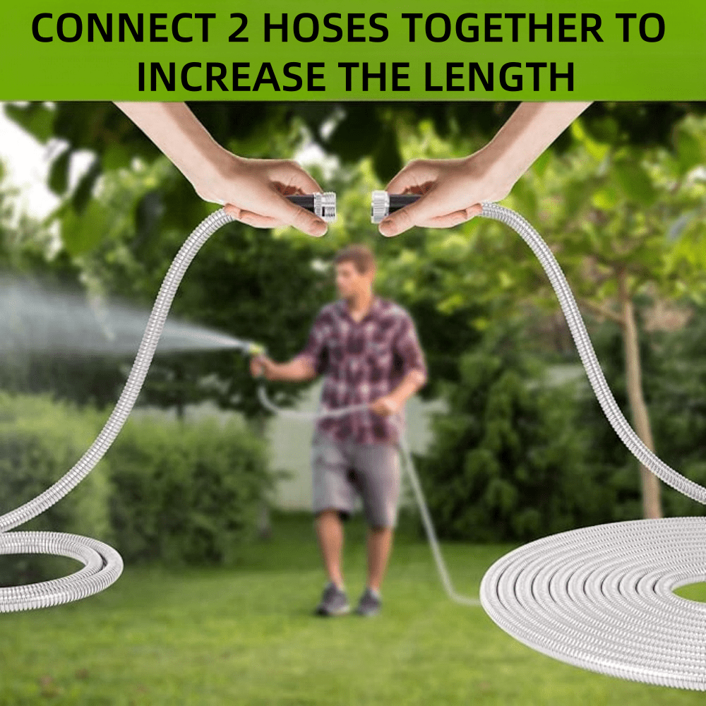 Garden Hose 25 FT,304 Stainless Steel Heavy Duty Water Hose with 7 Function Nozzles No-Kink Rust Proof for Yard Outdoor