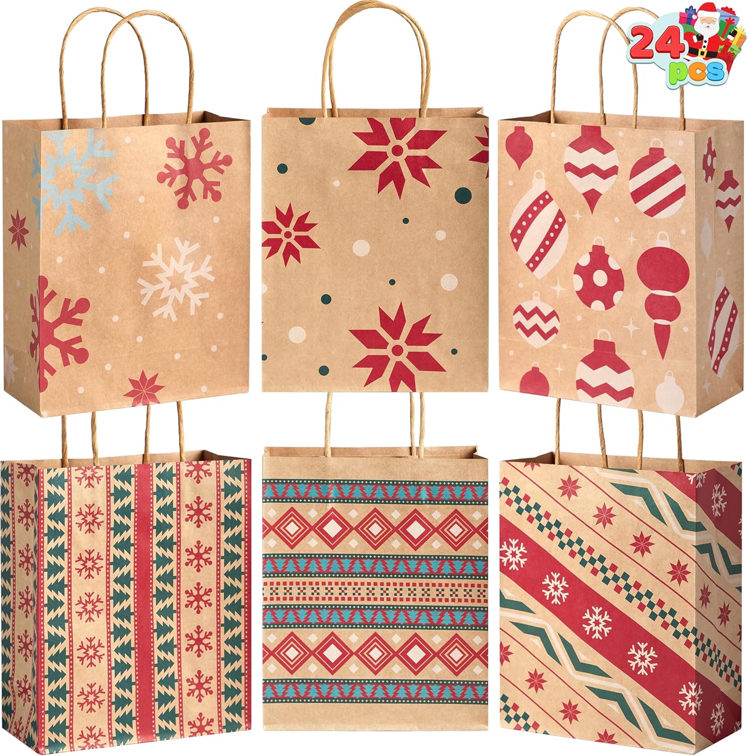 Christmas Kraft Gift Bags for Present Wrapping, Holiday Paper Goody Gift Treat Candy Bags for Xmas Decor Supplies Classrooms Wedding and Party Favors
