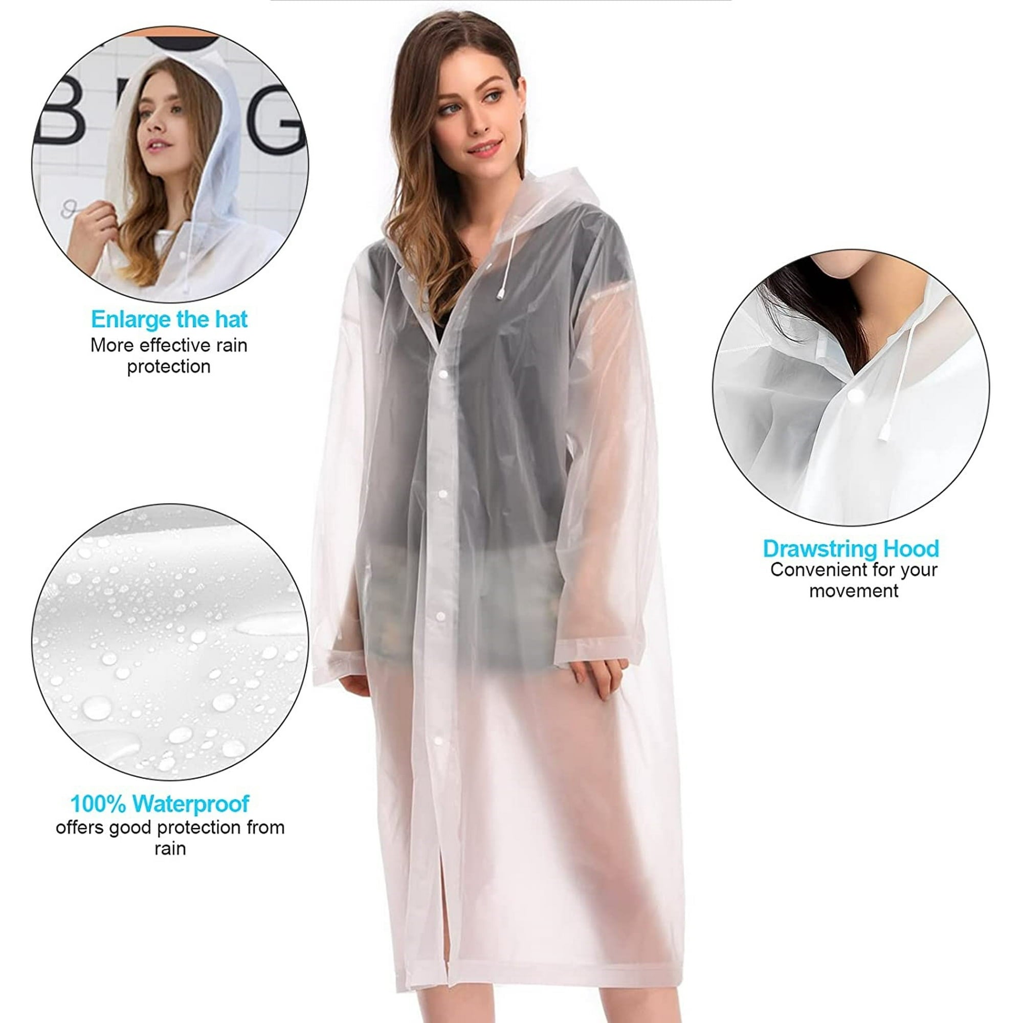 EVA Rain Poncho for Adults, 2 Pack Reusable Raincoat with Hoods and Sleeves, White
