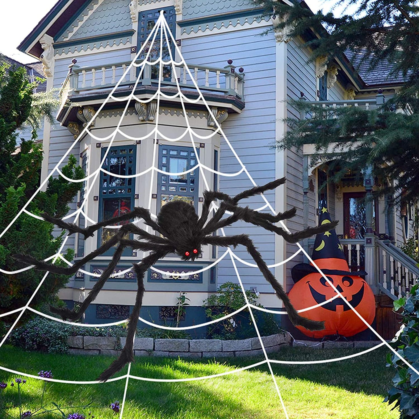 Silensys 78.7in Giant Halloween Decorations Spider Triangular 16.4ft Giant Spider Web for Halloween Yard Decoration Party Creepy Decoration, Black