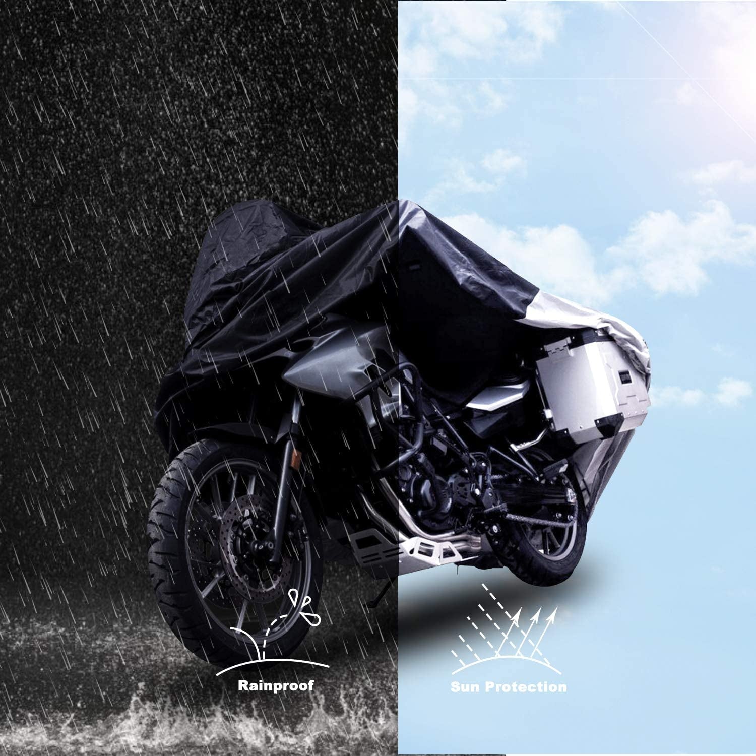 Motorcycle Cover, Waterproof Motorcycle Cover All Weather Outdoor Protection,Oxford , Fit for Length 96" Motors, Blak and Silver