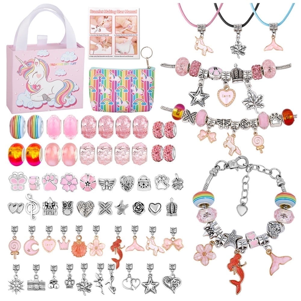 66 Pcs Charm Bracelet Making Kit, DIY Jewelry Making Kit with Pendant Charms Kit and Elastic Strings Crafts Gifts Set for Girls