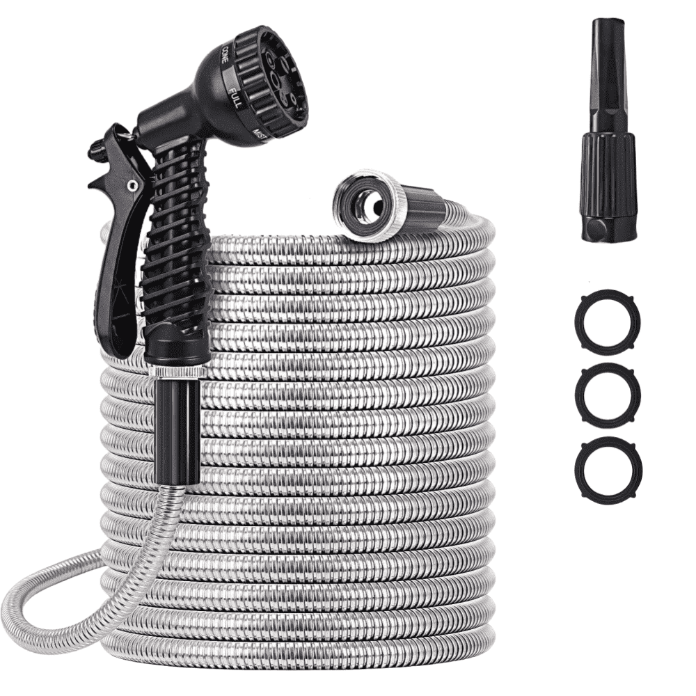 Garden Hose 25 FT,304 Stainless Steel Heavy Duty Water Hose with 7 Function Nozzles No-Kink Rust Proof for Yard Outdoor