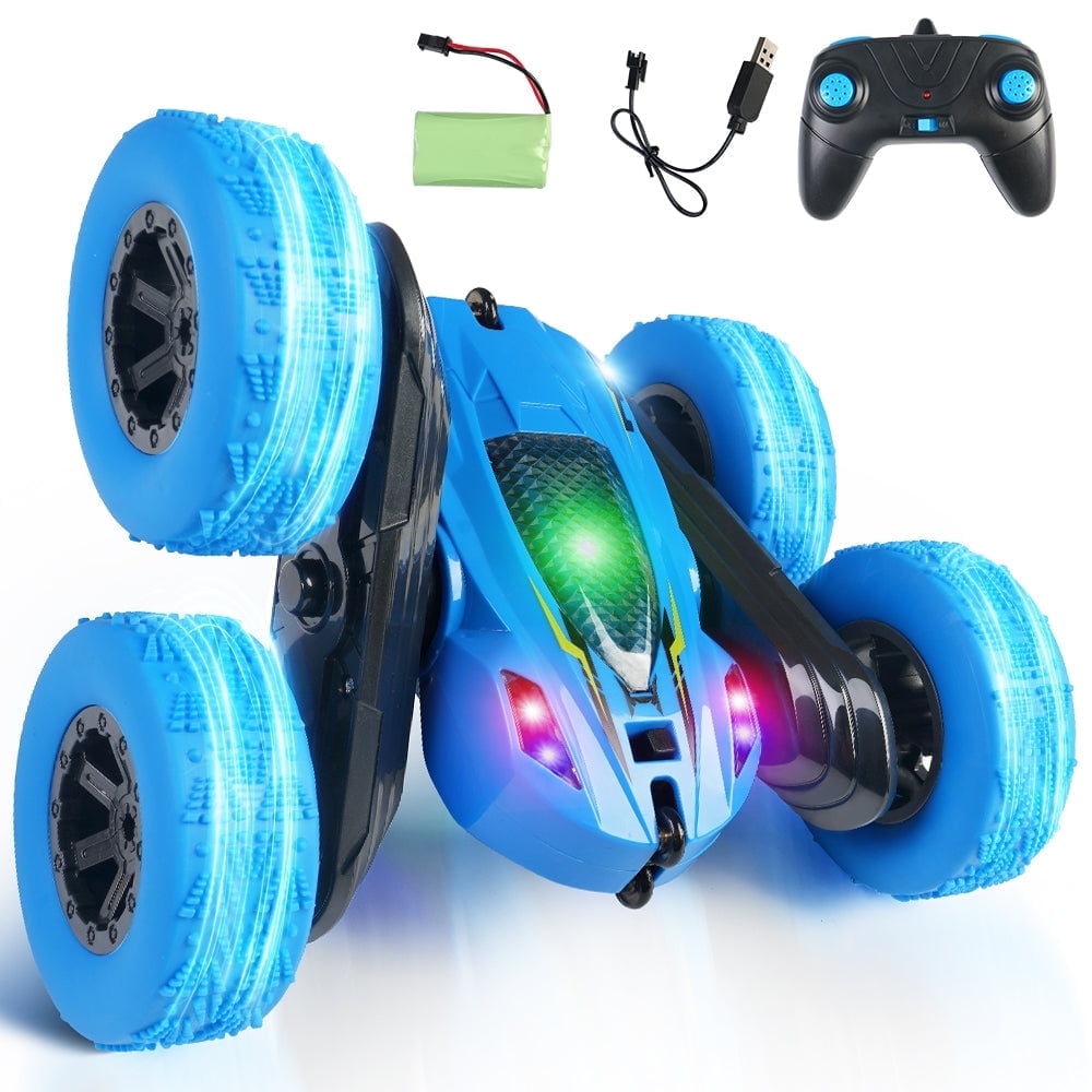 Remote Control Car Double Sided 360°Rotating 4WD RC Cars with Headlights 2.4GHz Electric Race Stunt Toy Car Rechargeable Toy Cars for Boys Girls Birthday (Blue)