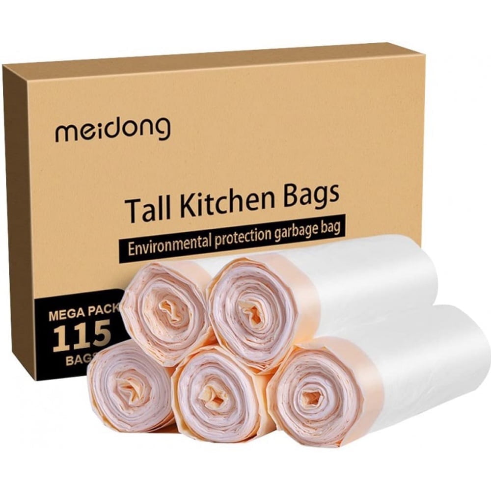 Trash Bags, Garbage Bag 13 Gallon Large Kitchen Drawstring Strong Bag, 5 Rolls/115 Pieces, White