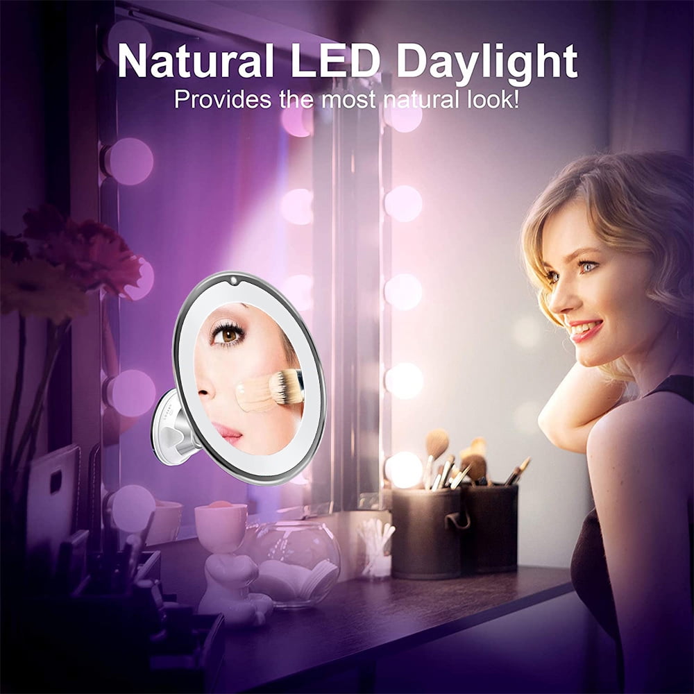 10x Magnifying Lighted Makeup Mirror with 360° Rotation, Touch Sensor Control, Natural Daylight LED Light, Powerful Locking Suction Cup, Cosmetic Mirror for Home, Bathroom, Vanity and Travel