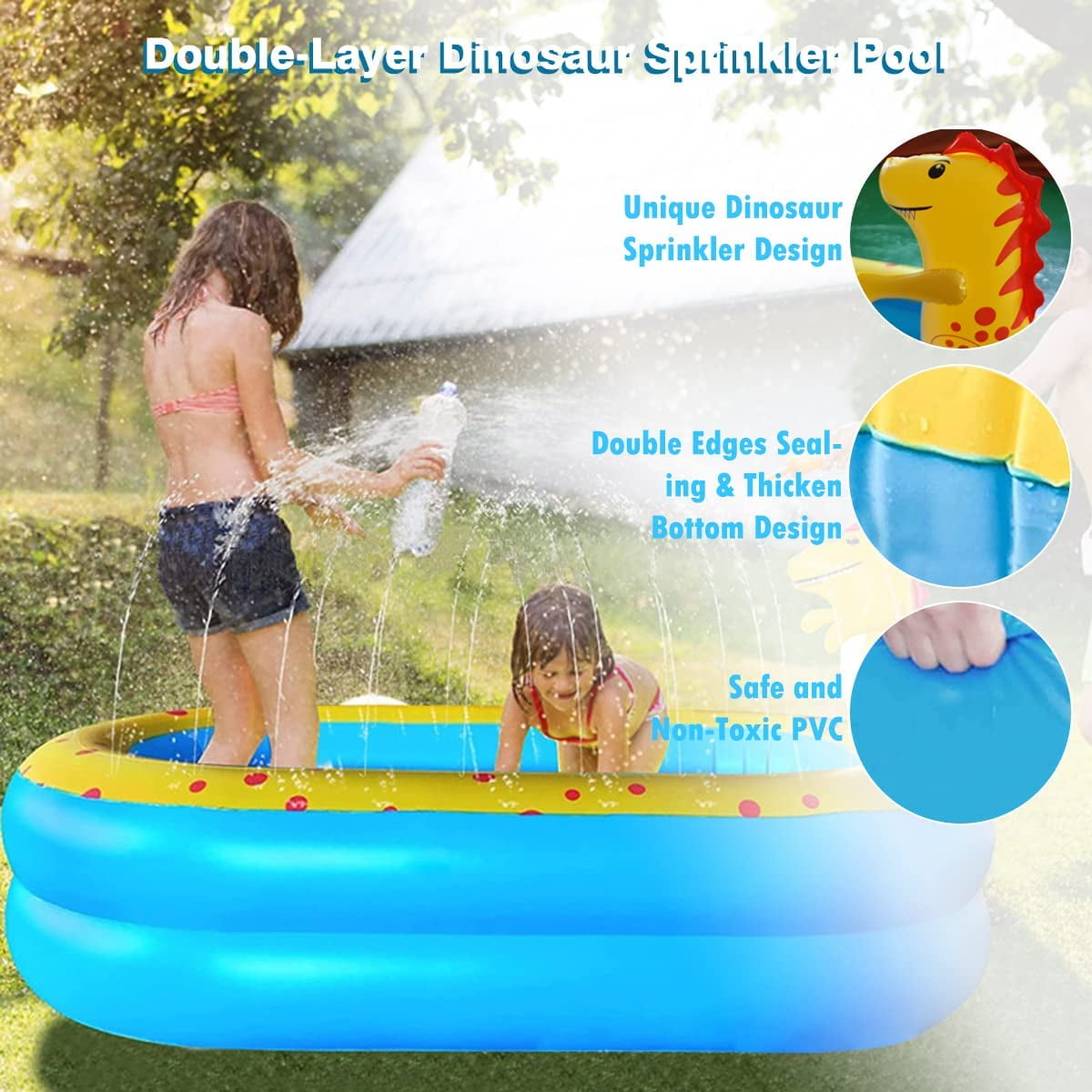 Swfoer Inflatable Dinosaur Pool for Kids kid pool Kiddie Pool 67"x 41"x 32"H Indoor&Outdoor Kids Swimming for Ages 2+ Blue