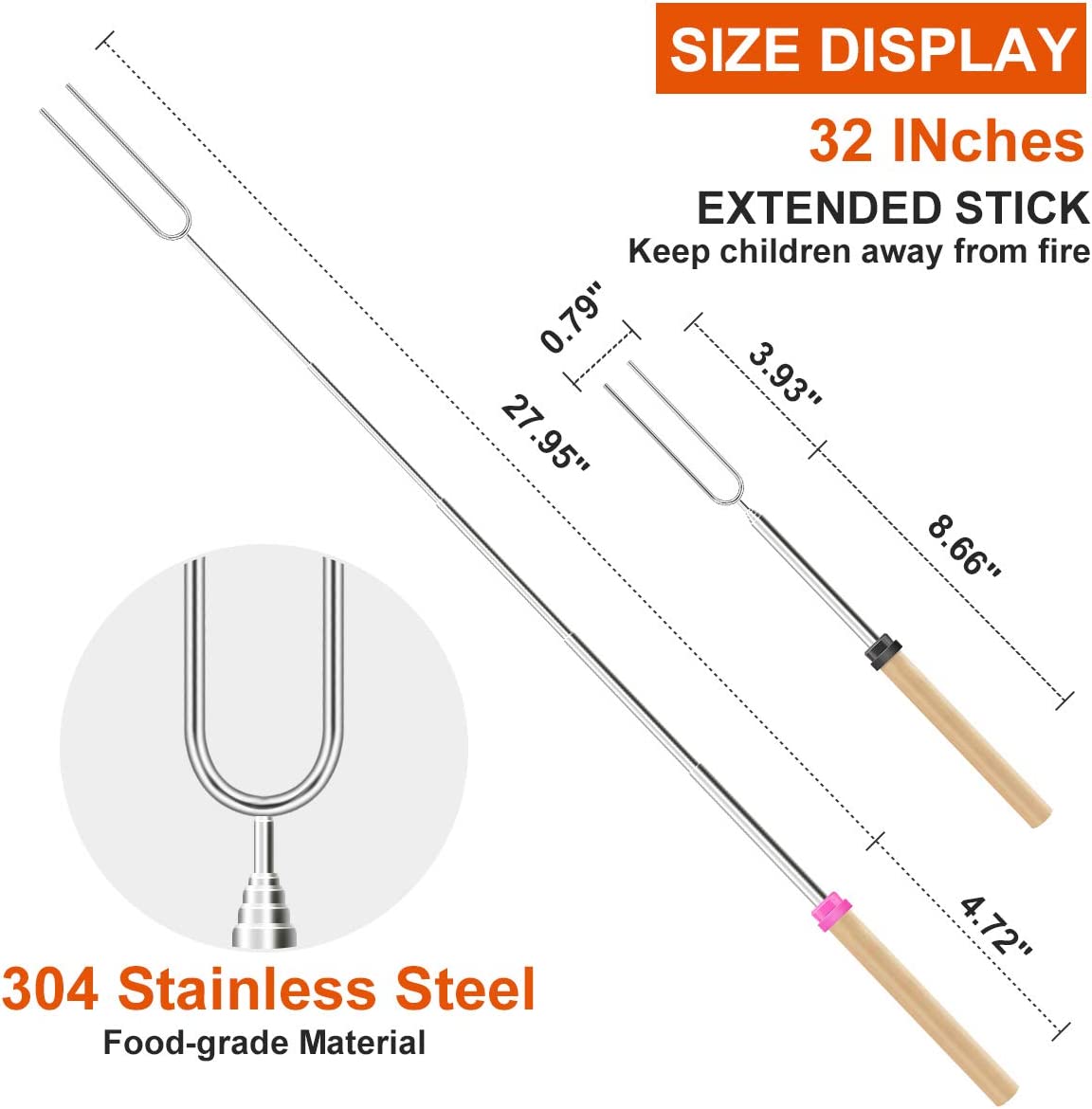 kibhous Roasting Sticks Stainless Steel Telescoping Forks Safe for Children Color Coded Handles 32 in Grilling Skewers With Canvas Travel Bag 12 Count