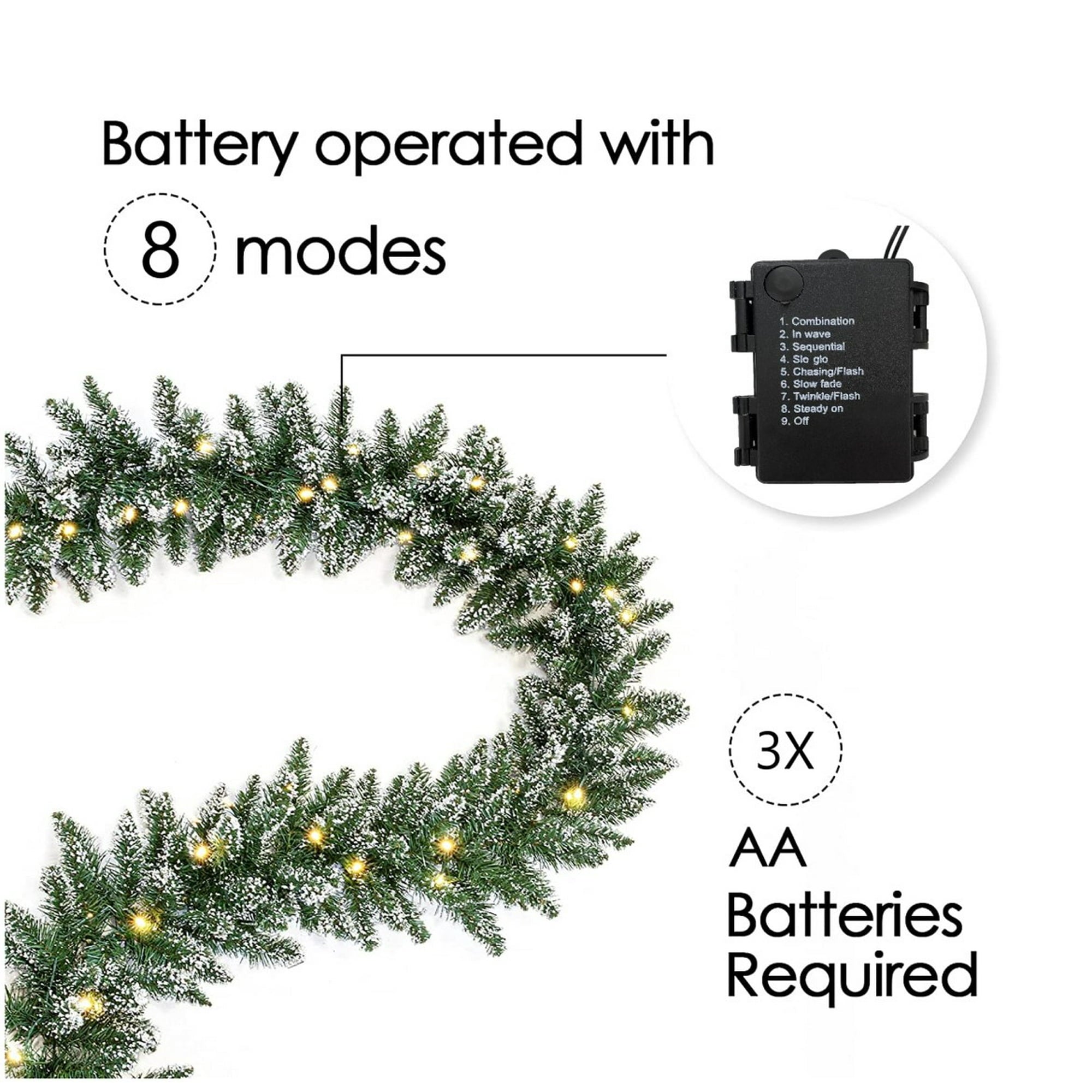 Silensys 18ft Christmas Garland with Battery Operated 50 LED Lights and Timer Snow Flocked Christmas Decorations Xmas Garland for Stairs Fireplaces Wall Door Xmas Garland