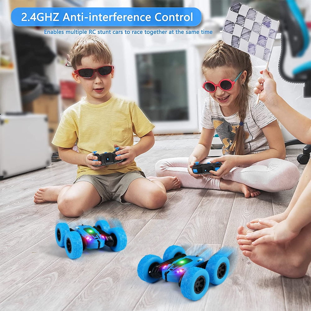 Remote Control Car Double Sided 360°Rotating 4WD RC Cars with Headlights 2.4GHz Electric Race Stunt Toy Car Rechargeable Toy Cars for Boys Girls Birthday (Blue)