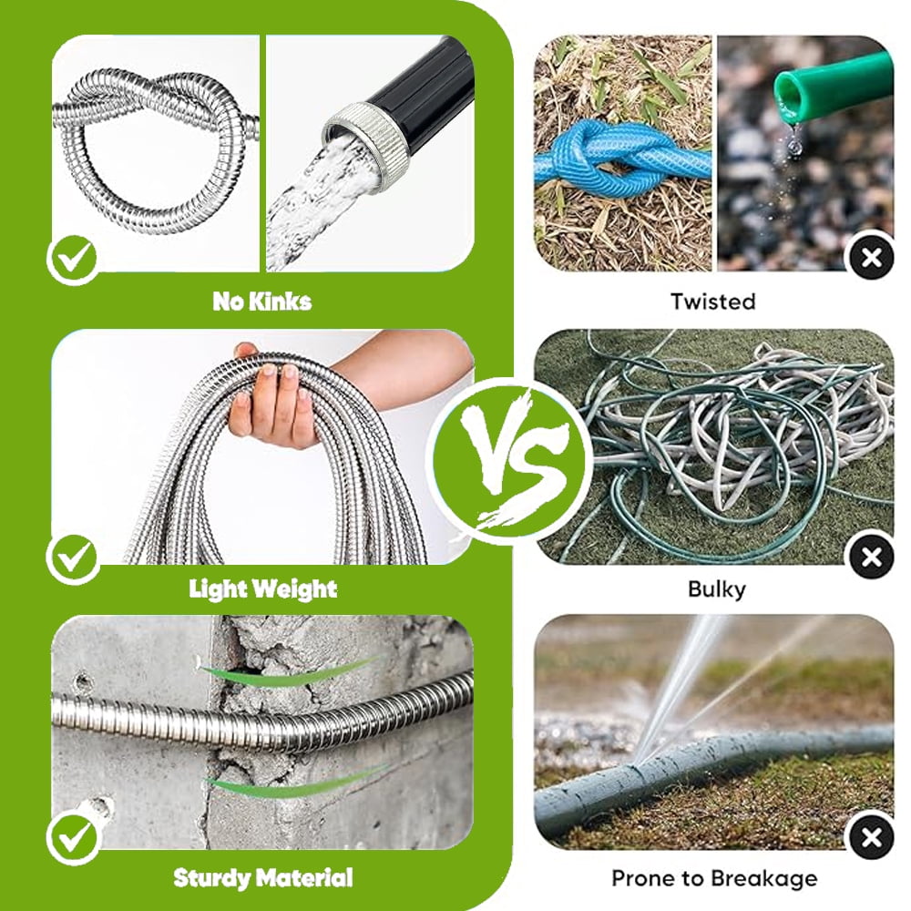 Garden Hose 25 FT,304 Stainless Steel Heavy Duty Water Hose with 7 Function Nozzles No-Kink Rust Proof for Yard Outdoor