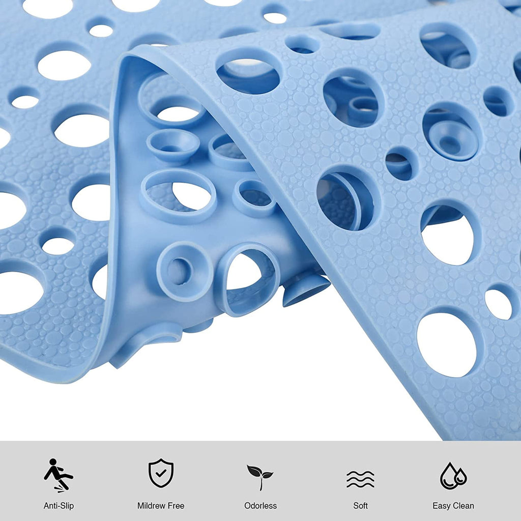 Bathroom Non Slip Shower Mat, 30L x 17W Inch Super Soft PVC Bath Mat with Suction Cup, Soft Bathroom Mat with Drain Hole, Blue