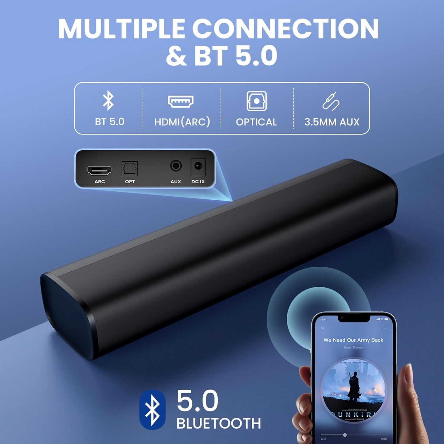 Sound Bar, Sound Bars for Smart TV Bluetooth 5.0 Soundbar 50W 17Inch Small Soundbars with ARC/Optical/AUX Connection, Soundbar Surround Sound Bars for Home Theater Audio