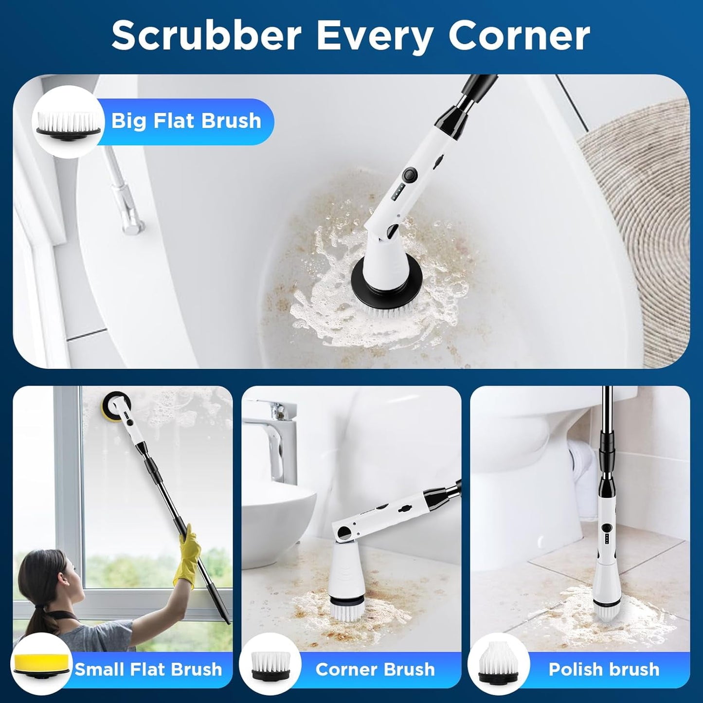 Electric Spin Scrubber, 2024 upgraded Bathroom Cleaner, Power Shower Cleaning Brush with Extendable Handle & 4 Brush Heads, Shower Scrubber for Bathtub Tile Grout Kitchen Window and Floor