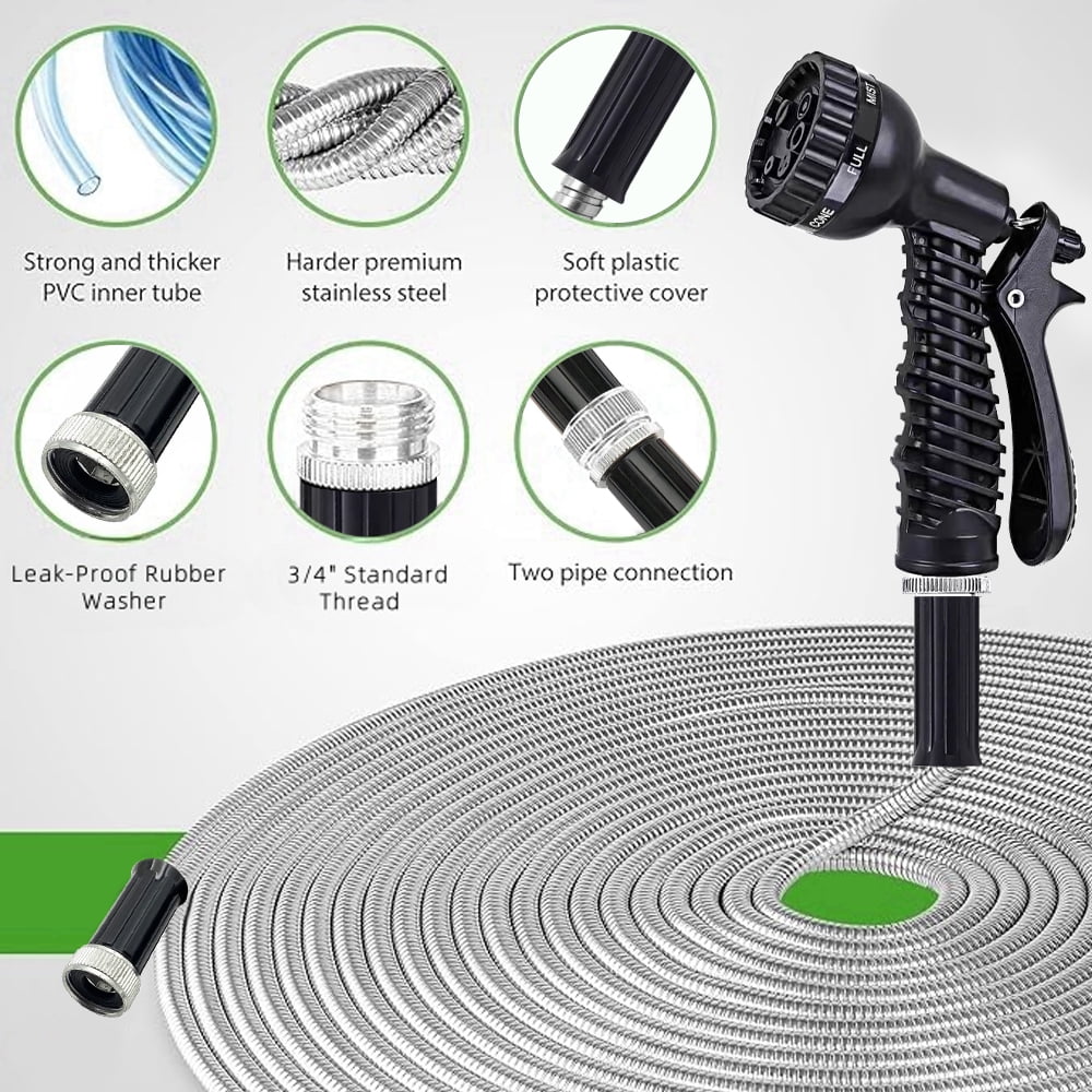 Garden Hose 100 FT,304 Stainless Steel Heavy Duty Water Hose with 7 Function Nozzles No-Kink Rust Proof for Yard Outdoor
