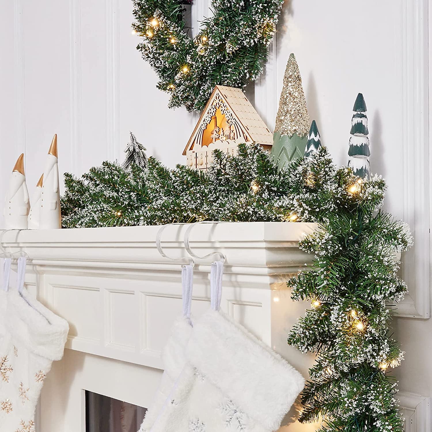 Silensys 18ft Christmas Garland with Battery Operated 50 LED Lights and Timer Snow Flocked Christmas Decorations Xmas Garland for Stairs Fireplaces Wall Door Xmas Garland