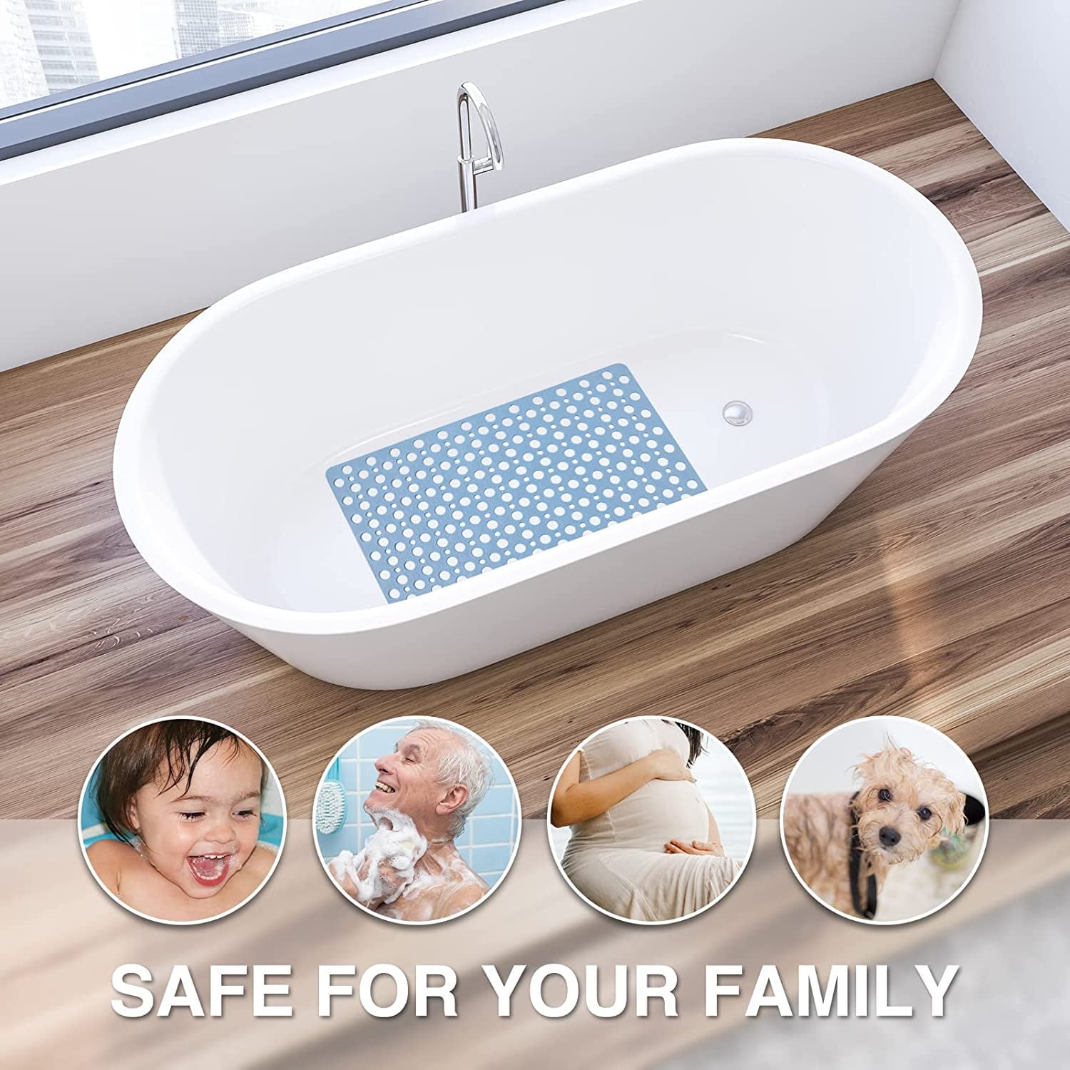 Bathroom Non Slip Shower Mat, 30L x 17W Inch Super Soft PVC Bath Mat with Suction Cup, Soft Bathroom Mat with Drain Hole, Blue