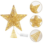 Christmas Tree Topper 12 inch Glitter Gold Star Tree Topper 30 LED Lighted Topper Battery Operated Warm Lights