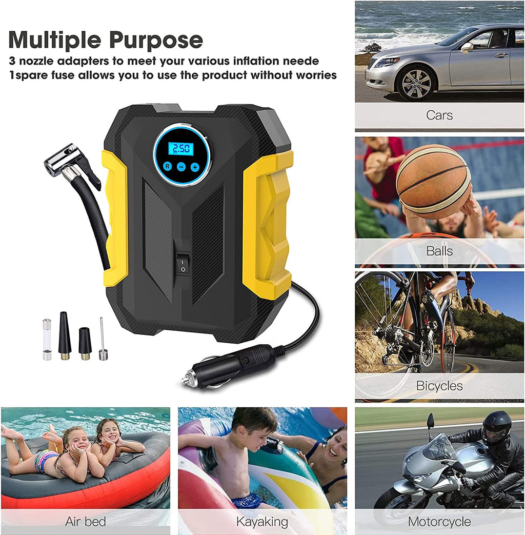 COWIN, Black/Yellow 12 V 150 PSI Portable Tire Inflator Air Compressor Pump